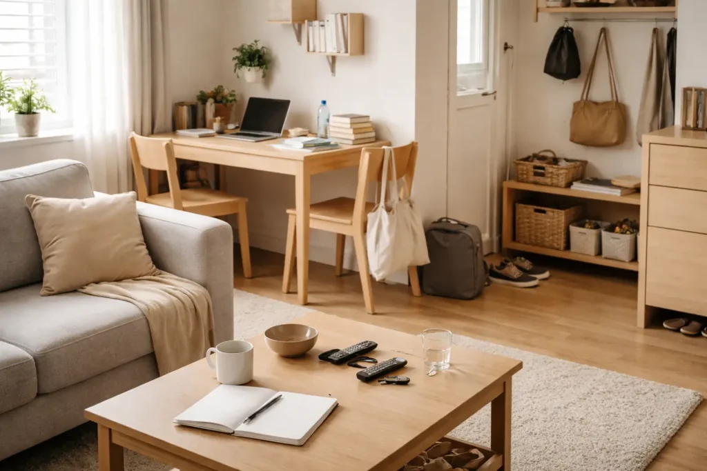 small apartment with subtle everyday clutter on table and workspace showing how clutter keeps coming back in small spaces