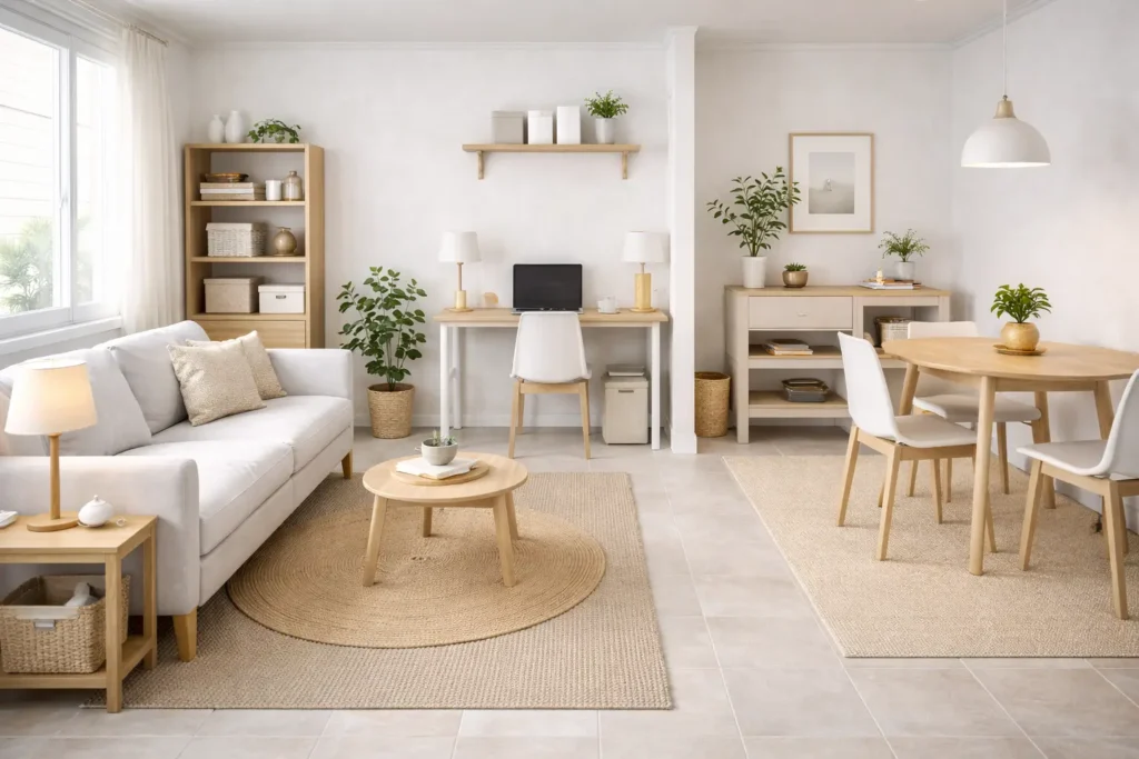 small apartment showing how to create zones in small spaces using furniture layout rugs and separate functional areas