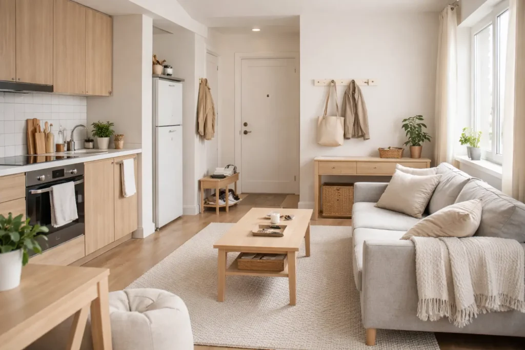 organized small apartment with clean surfaces and efficient daily reset layout