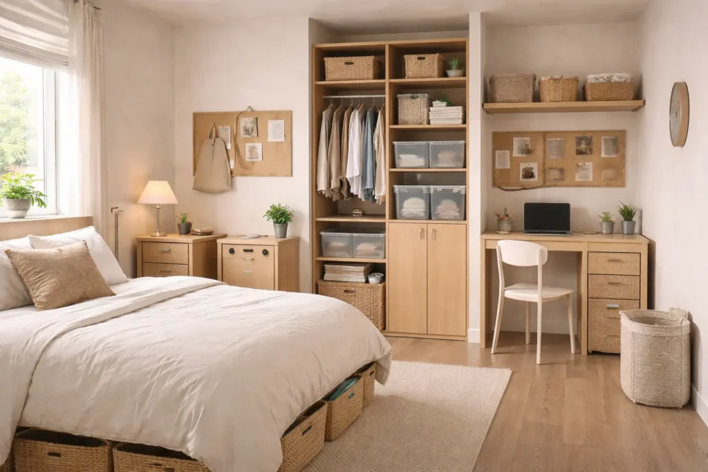 decluttering for small apartments with cleared surfaces, reduced floor storage, and centralized vertical shelving