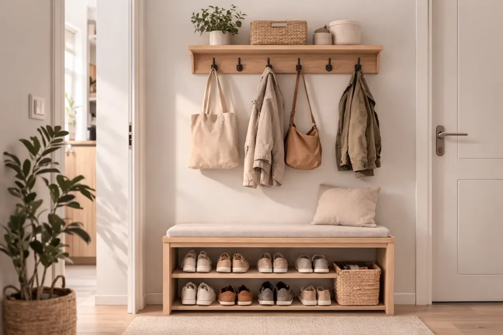 entryway storage for small spaces with wall hooks wooden shoe rack and shelf organizing daily items in a small apartment entrance