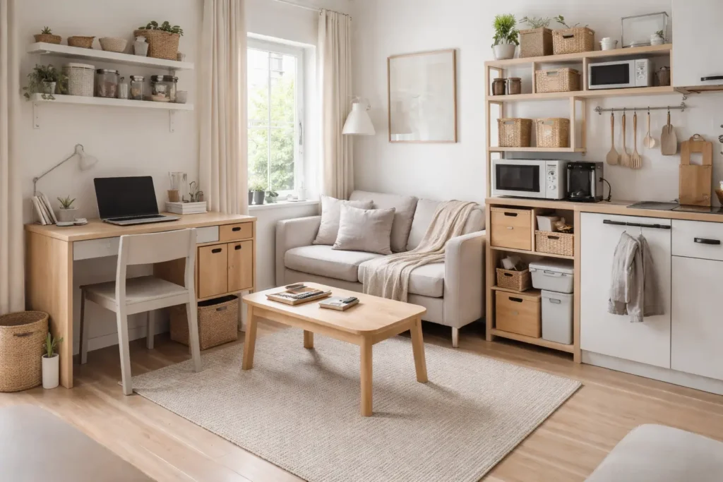 small apartment organized layout with efficient storage and clean surfaces showing practical space management