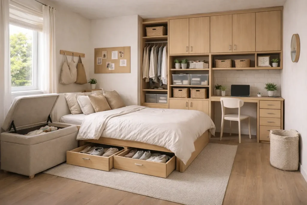 hidden storage ideas for small homes with built-in wall cabinets, under-bed drawers, and concealed storage bench