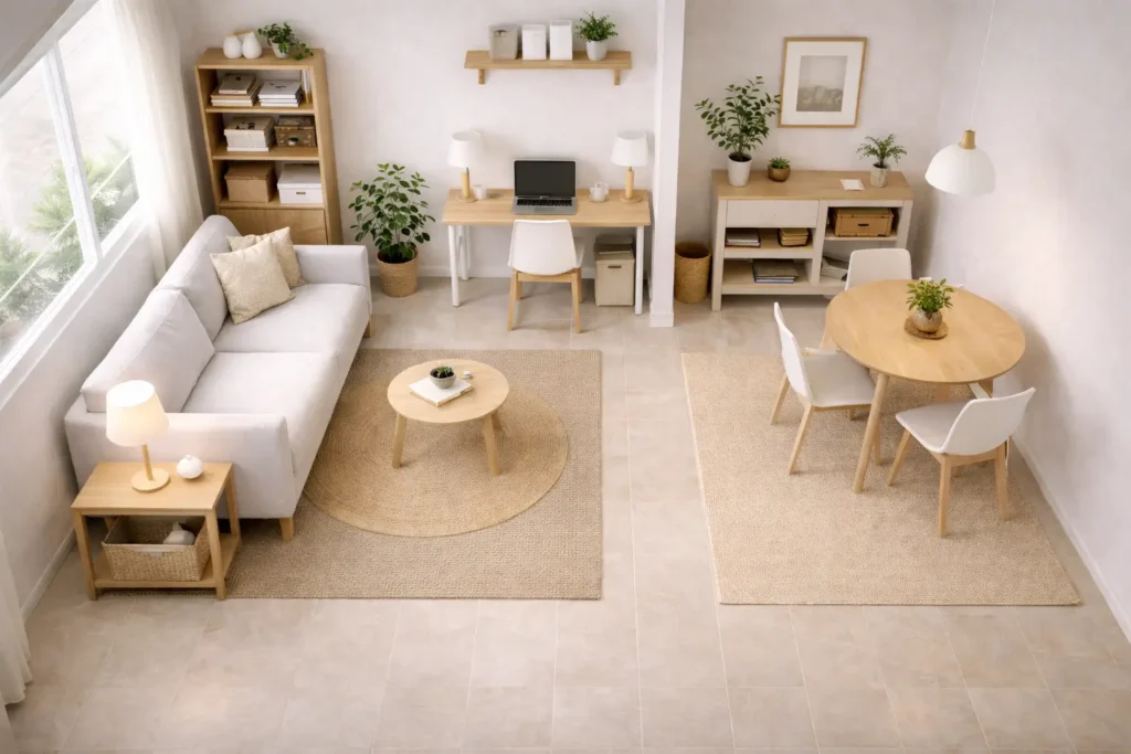 small apartment layout showing clear movement flow between living, workspace and dining zones with minimalist furniture and neutral colors