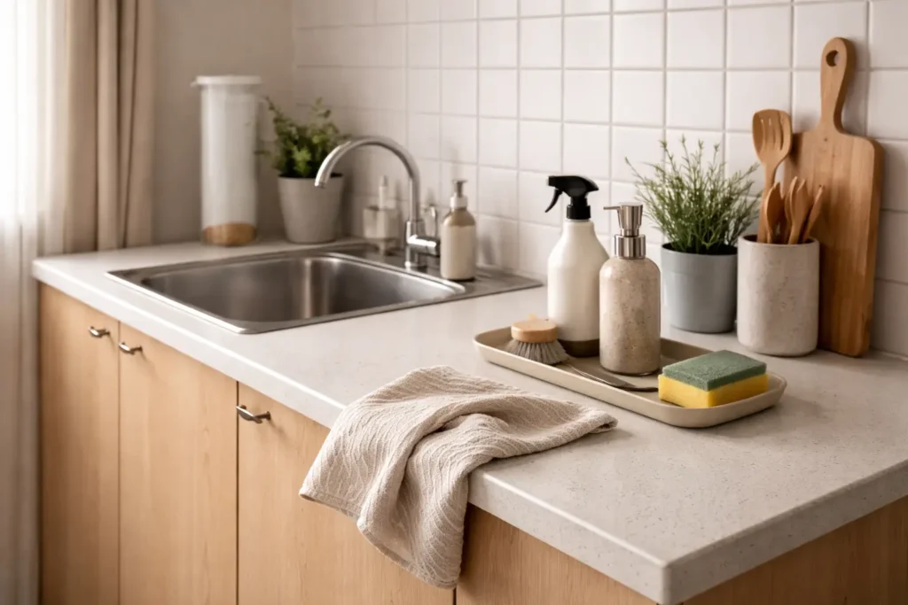 small apartment kitchen counter during daily cleaning reset with organized items and minimal clutter