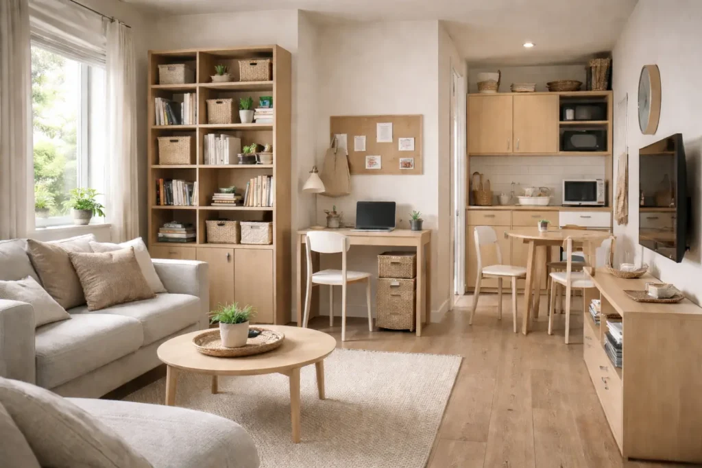 maximize space in a small apartment with vertical shelving, zoned layout, and clear circulation path