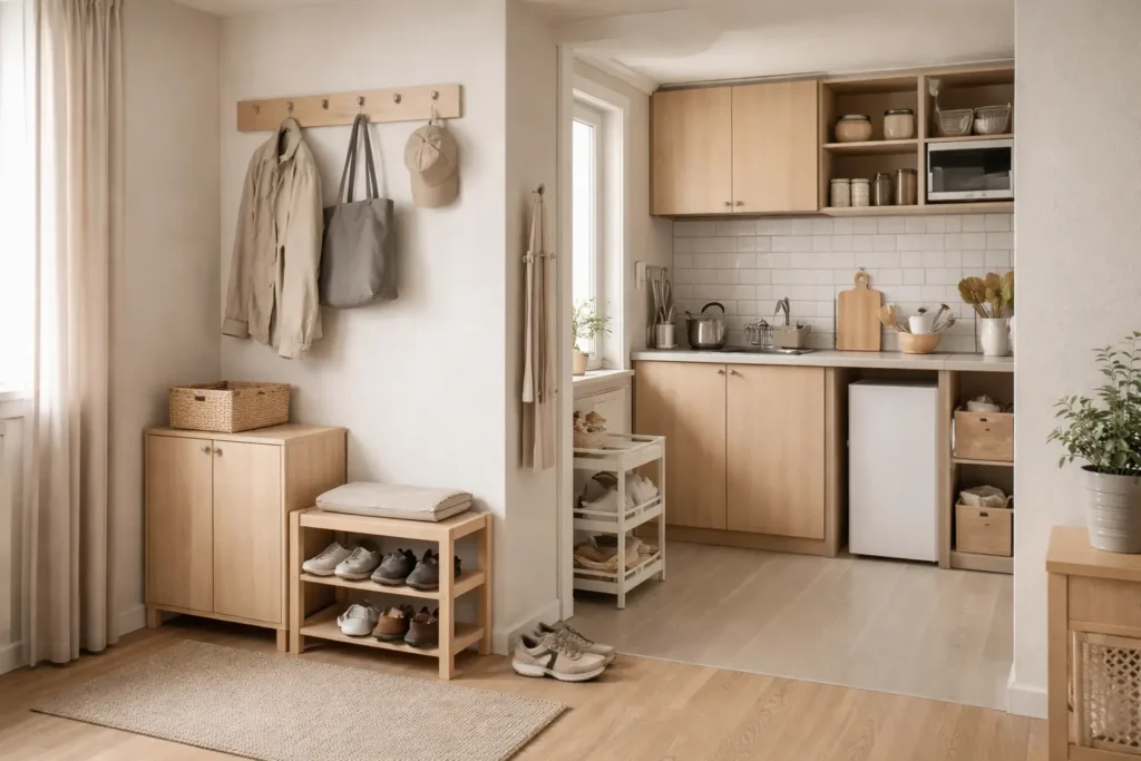 small apartment entry and kitchen layout showing organized storage and functional use of limited space