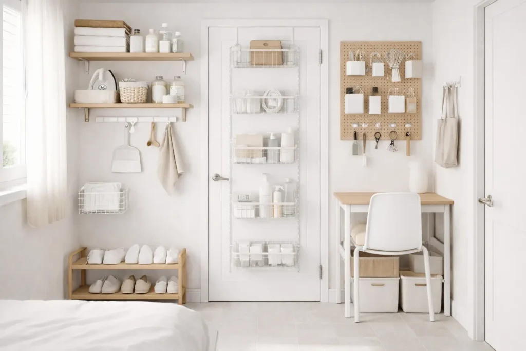small apartment organized with wall shelves pegboard and door storage without adding extra furniture