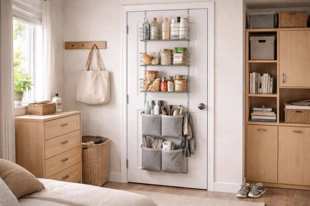 over-the-door storage systems with metal rack and fabric organizer mounted on interior door in small room