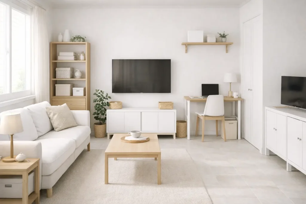 organized small living room showing how to reduce visual clutter in small rooms using minimal furniture, neutral colors and clear surfaces