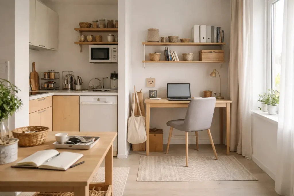 small apartment kitchen and workspace with efficient layout and practical organization in a compact living space