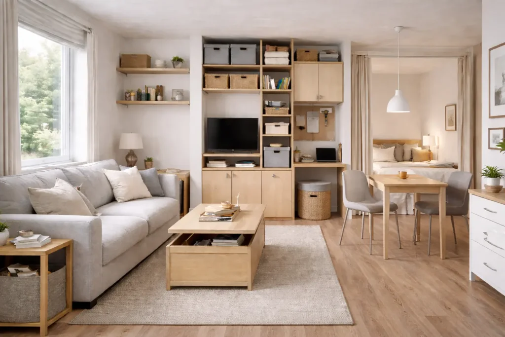small apartment layout optimization with zoned furniture placement and vertical storage wall