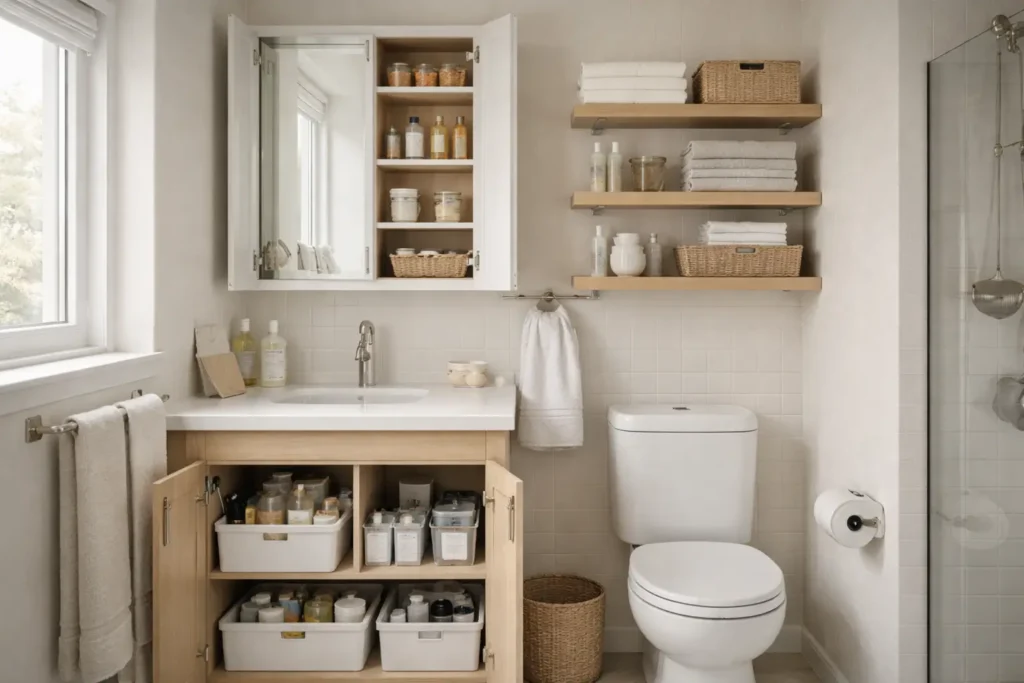 small bathroom storage solutions with organized vanity cabinet and vertical wall shelves in compact bathroom