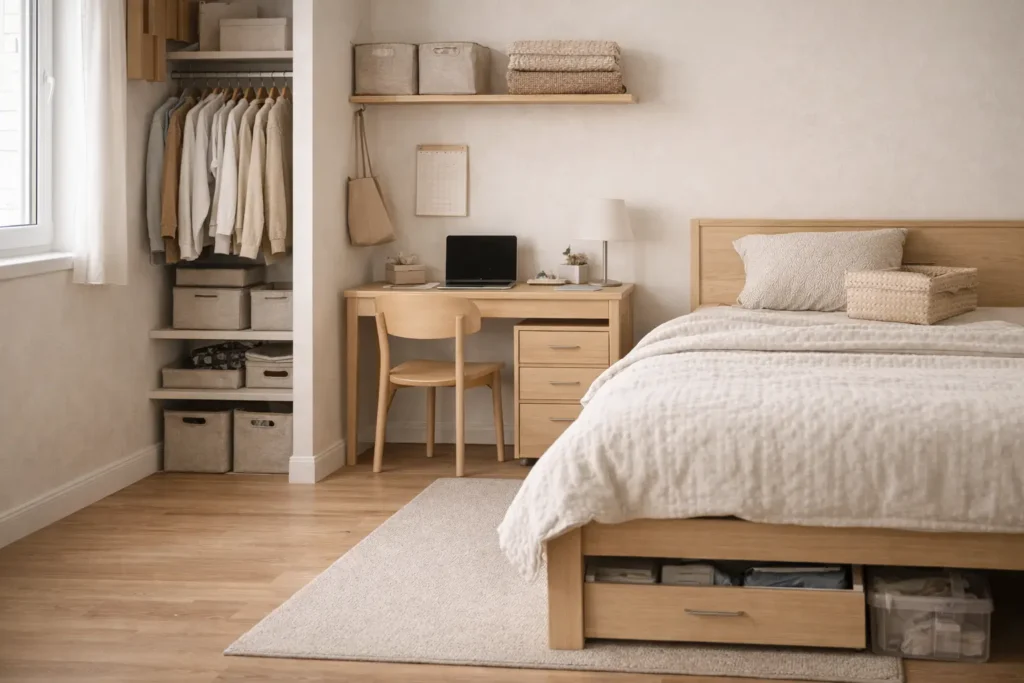 small bedroom organization plan with closet storage and under bed drawers in a compact room