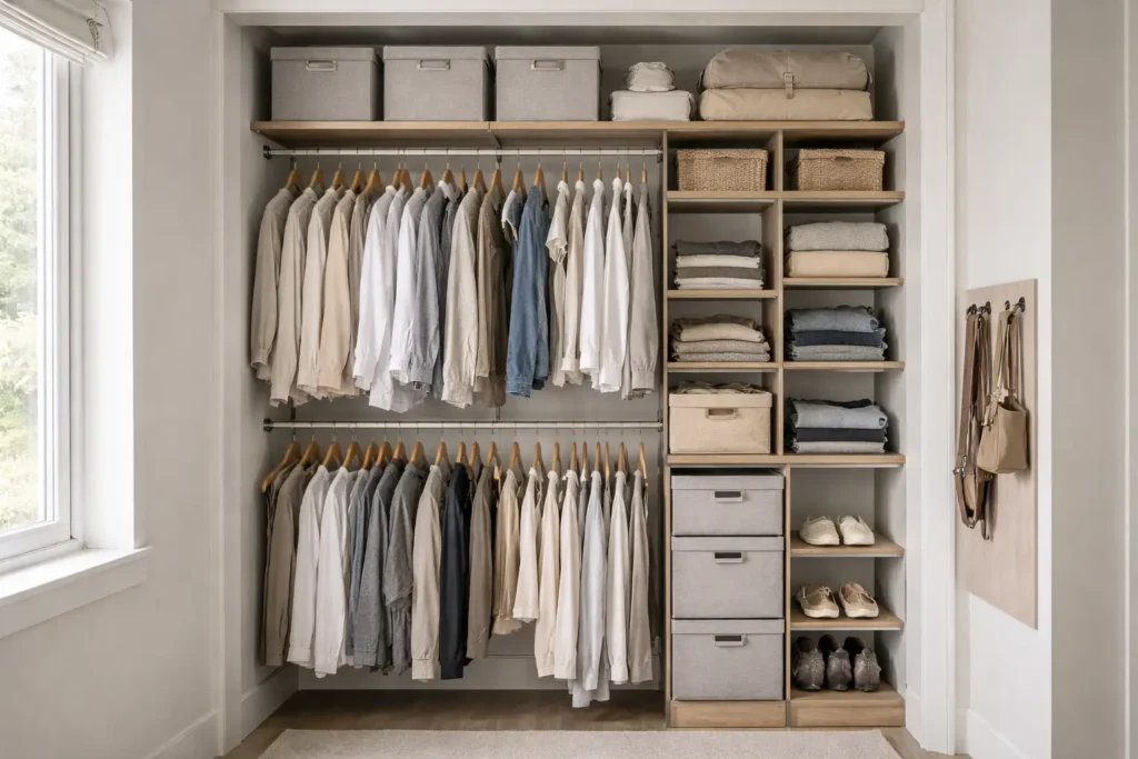 small closet organization system with double rods and adjustable track shelving