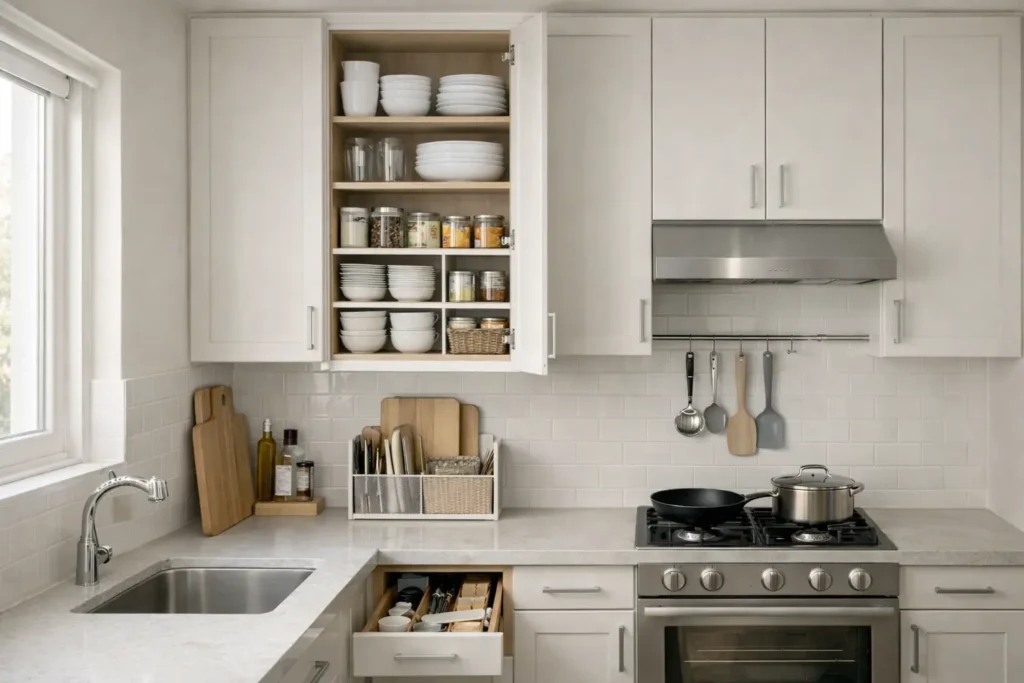 small kitchen organization ideas with vertical cabinet storage and organized drawers