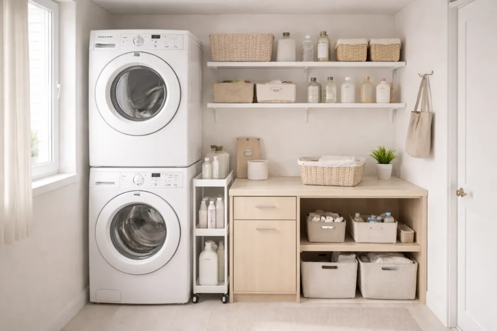 small laundry room setup with stacked washer dryer wall shelves and organized storage in a compact laundry space