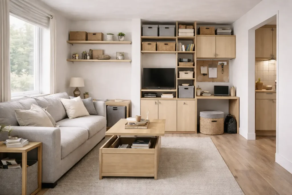 small living room storage layout with vertical shelving, floating cabinets, and storage integrated coffee table