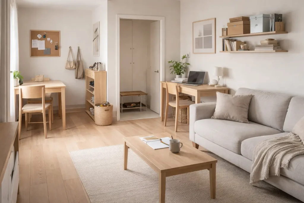 small organized apartment layout showing functional furniture arrangement and efficient use of space