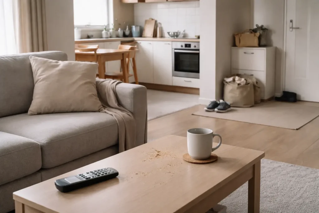 small living room showing how a small space gets dirty fast with visible dust and everyday clutter on surfaces