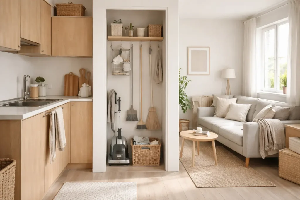 organized small apartment showing a practical small space maintenance checklist in action with clean surfaces and efficient layout