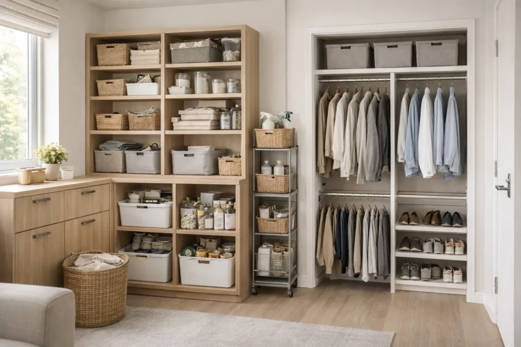 small space storage ideas with vertical shelving and double closet rod system in compact home