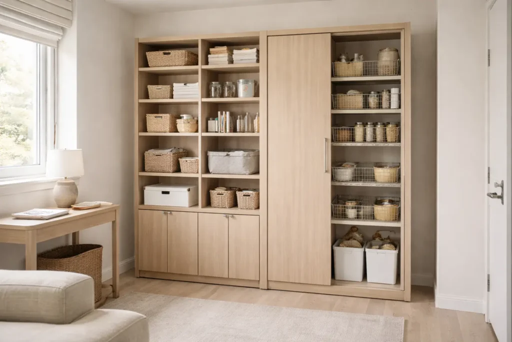 small space storage ideas with vertical modular shelving and sliding storage systems