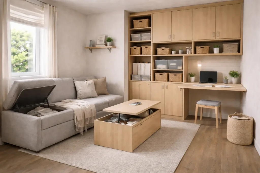 space-saving furniture for small living with storage sofa, wall-mounted cabinet, and fold-down table in compact room
