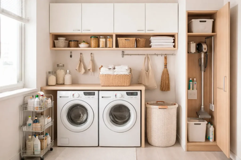 storage hacks for small spaces using vertical shelves and compact laundry storage organization