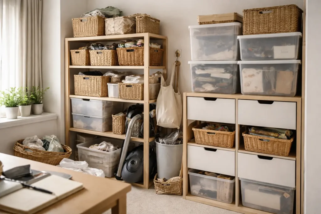 small apartment storage system with overflowing bins and shelves showing why storage never feels enough in a compact space