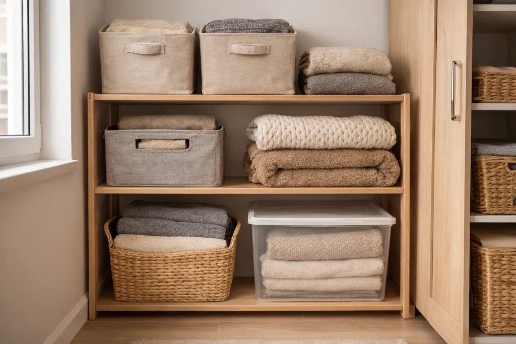 folded blankets stored on wooden shelving with fabric boxes in a small apartment storage system
