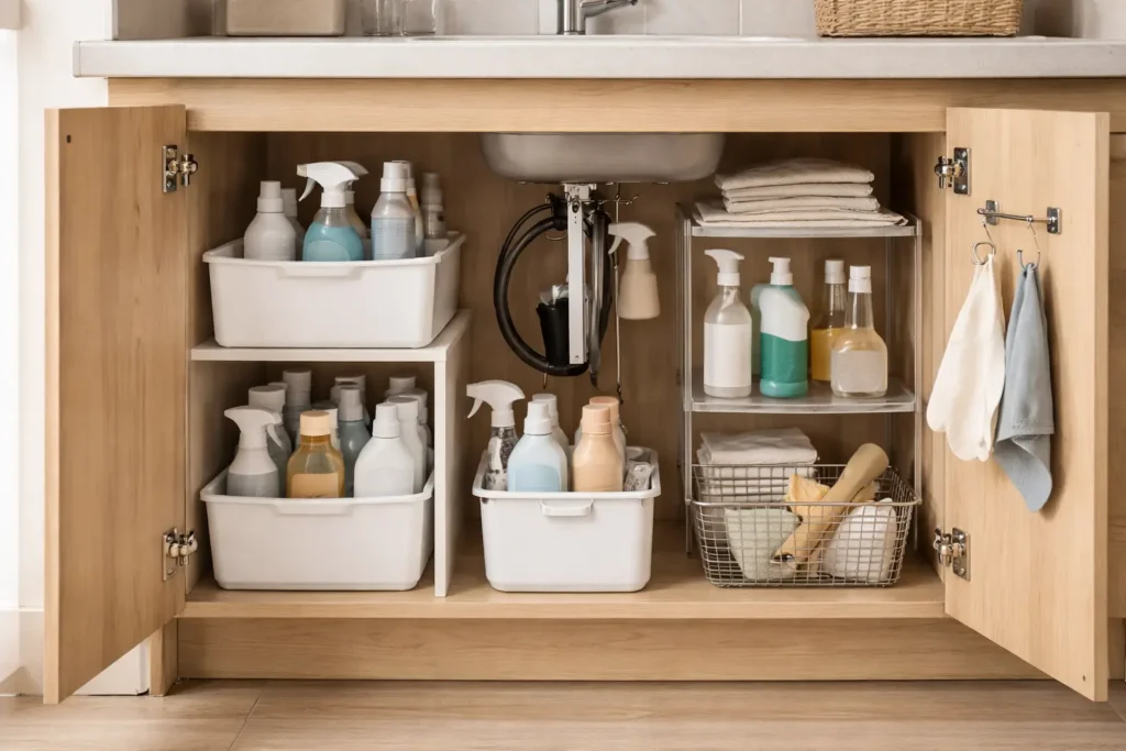 cleaning supplies organized inside an under-sink cabinet in a small apartment storage system