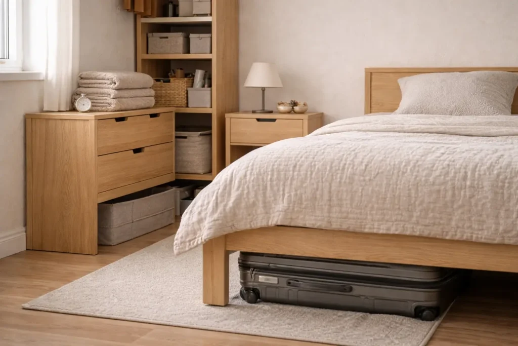 suitcase stored under a bed in a small apartment bedroom with practical storage