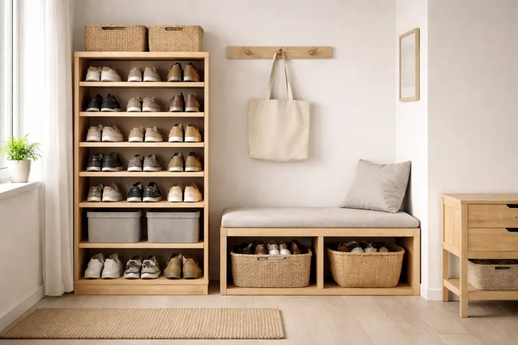 Entryway shoe storage system with shelves and baskets used to store shoes in a small apartment without creating clutter.