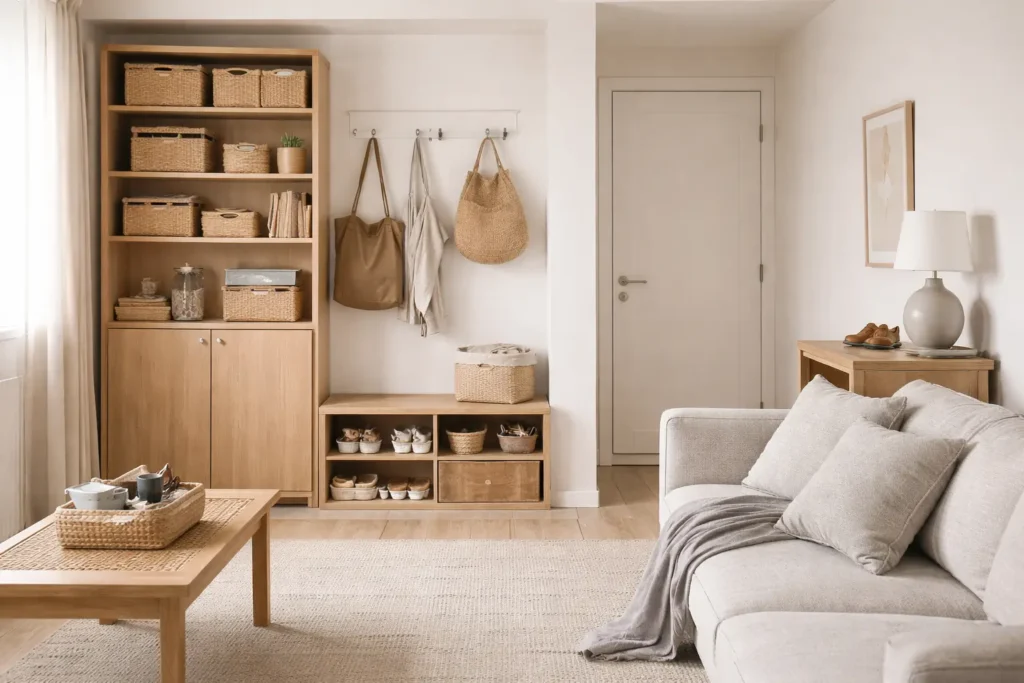 Storage system with shelves, baskets, and wall hooks used to store things in a small apartment without creating clutter.