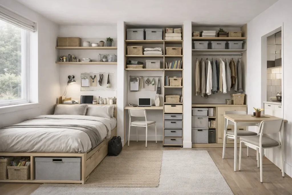 studio apartment organization system with zoned layout and floor to ceiling shelving