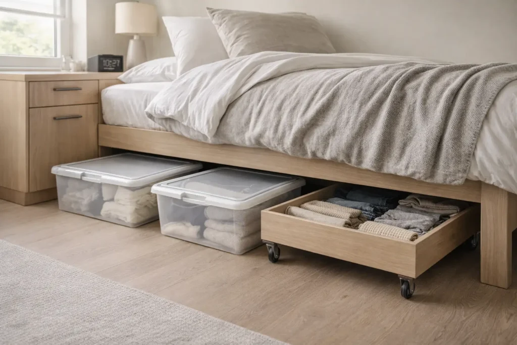 under-bed storage solutions with pull-out drawers and organized containers beneath a platform bed in small bedroom