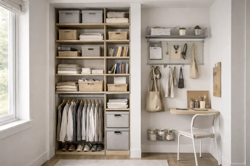 vertical storage systems for small rooms with floor to ceiling shelving and wall mounted rail system