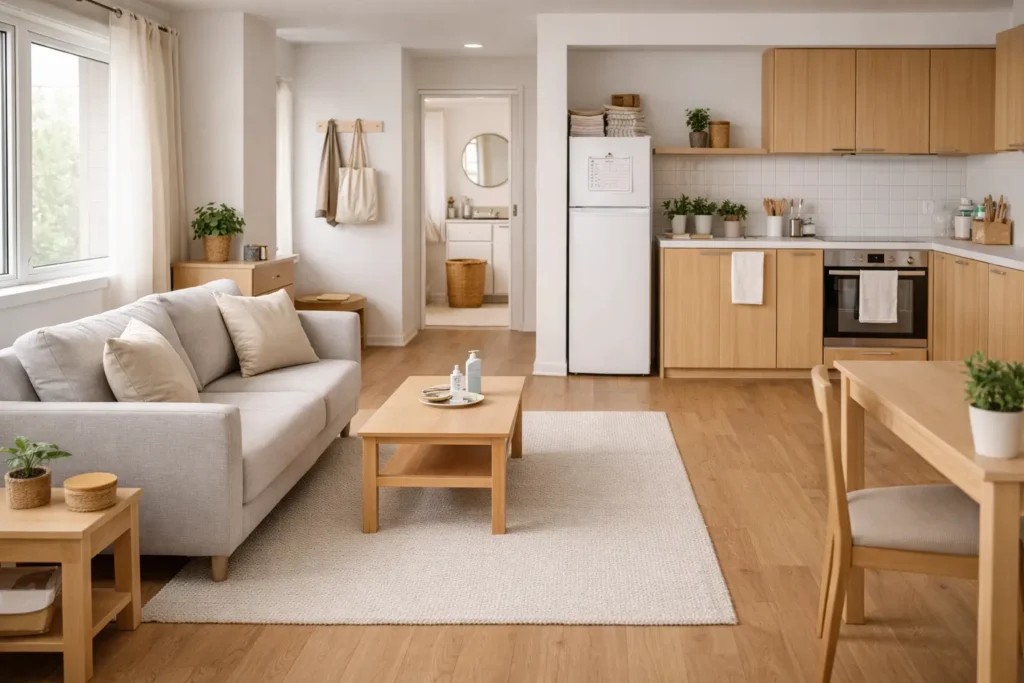 organized small apartment with clean layout after weekly cleaning system