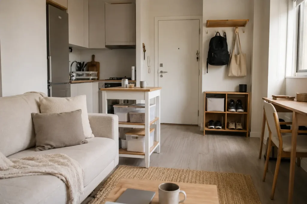 small apartment layout showing clean and maintained organized living space with kitchen and entryway