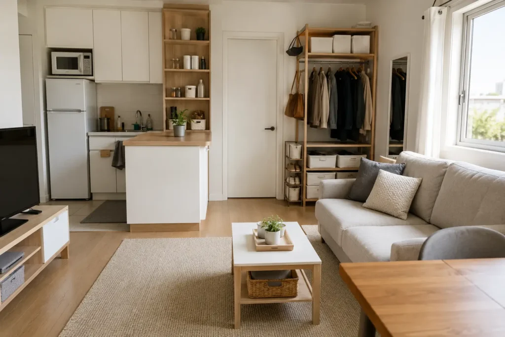 organized small apartment showing practical layout and efficient cleaning system in a compact living space