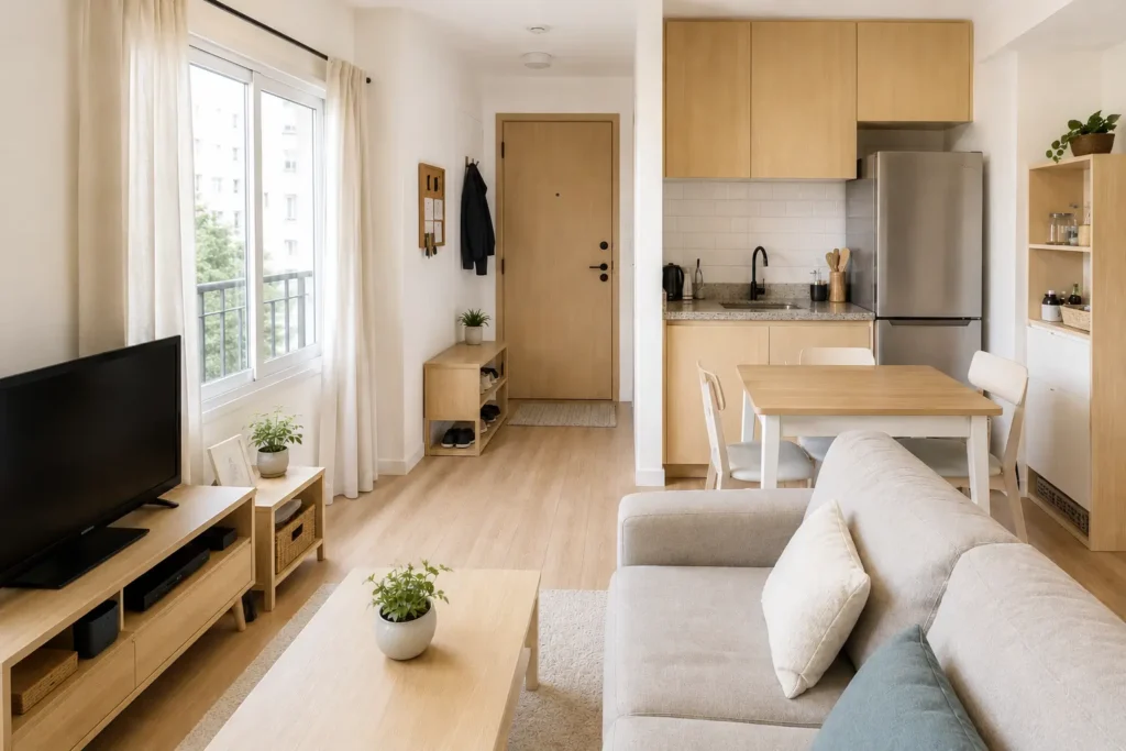 small apartment layout showing integrated living room kitchen and entryway organized for efficient cleaning and maintenance