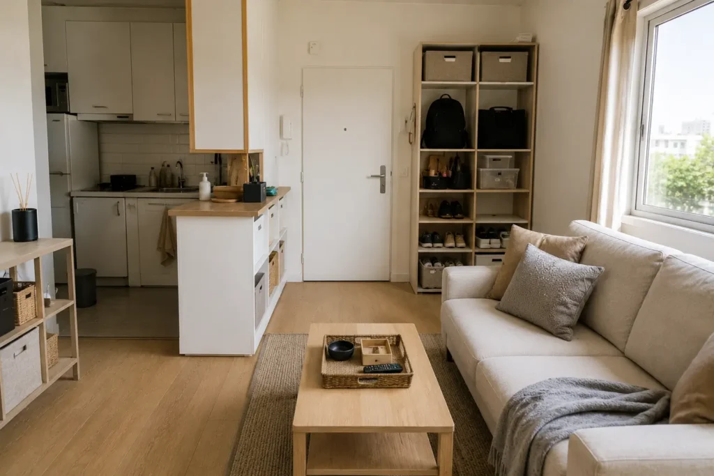 organized small apartment showing functional layout and maintenance system in a compact living space